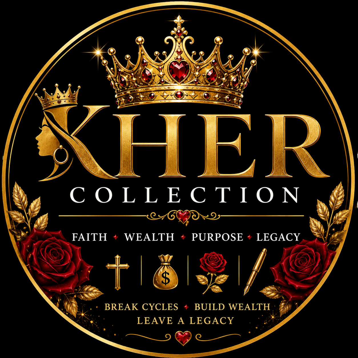 KHER Collection emblem — gold crown with crimson roses